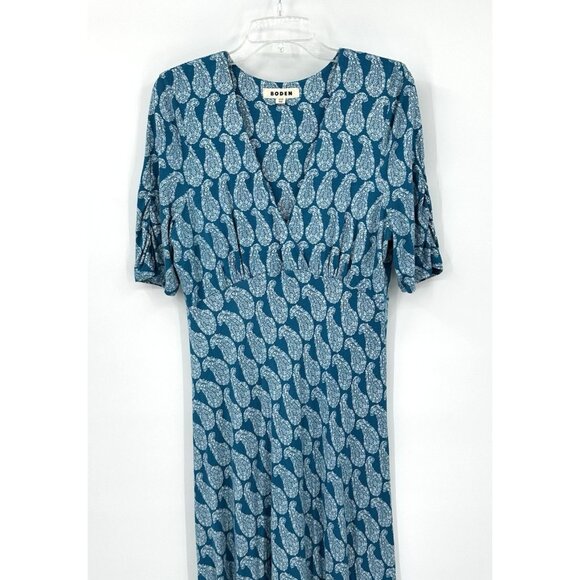 BODEN REBECCA dress midi jersey tea paisley stretch knit v neck blue teal 12R - Picture 5 of 10
